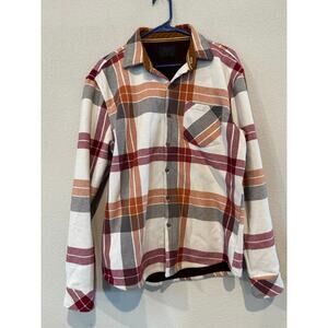 Craft + Flow Men's L Plaid Flannel Long Sleeve Button-Up Shirt Cream Red Orange